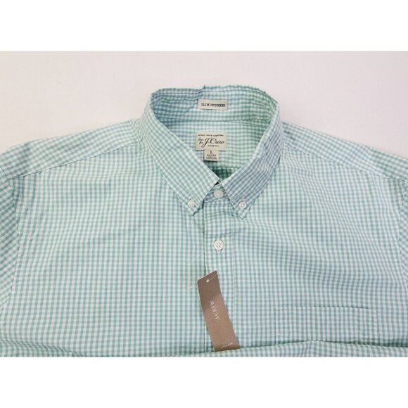 J. Crew Slim Untucked Stretch Short Size Large Green White Check Button Down NWT - Picture 10 of 10